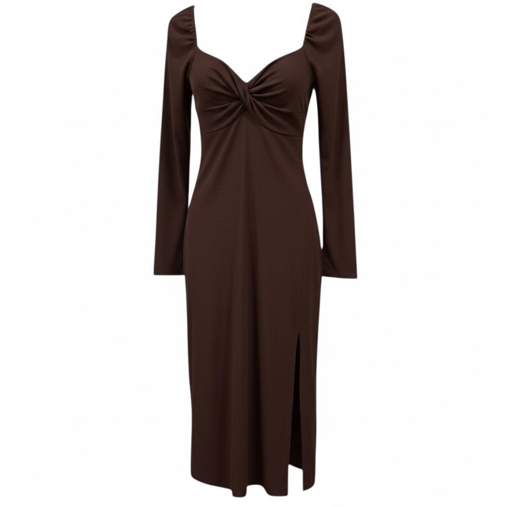 LUSH Brown Midi Dress with Twist Front